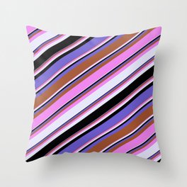 [ Thumbnail: Vibrant Violet, Lavender, Black, Slate Blue, and Sienna Colored Lines/Stripes Pattern Throw Pillow ]