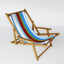 [ Thumbnail: Vibrant Green, Maroon, Sky Blue, White & Blue Colored Stripes Pattern Sling Chair ]