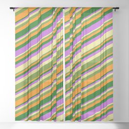 [ Thumbnail: Tan, Green, Dark Orange, Dark Green & Orchid Colored Lines Pattern Sheer Curtain ]