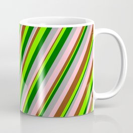 [ Thumbnail: Vibrant Dark Grey, Pink, Brown, Green & Dark Green Colored Lined Pattern Coffee Mug ]