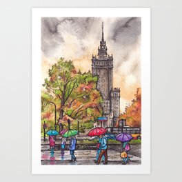 Rainy Day in Warsaw - ink & watercolor illustration Art Print