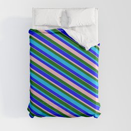 [ Thumbnail: Dark Green, Deep Sky Blue, Blue & Pink Colored Stripes/Lines Pattern Duvet Cover ]