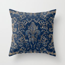 Fleur-de-lis ornament Blue Marble and Gold Throw Pillow