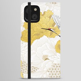 Chinese seamless pattern with gold texture vintage. Peony flower with crane birds object in vintage style. Abstract art illustration.  iPhone Wallet Case