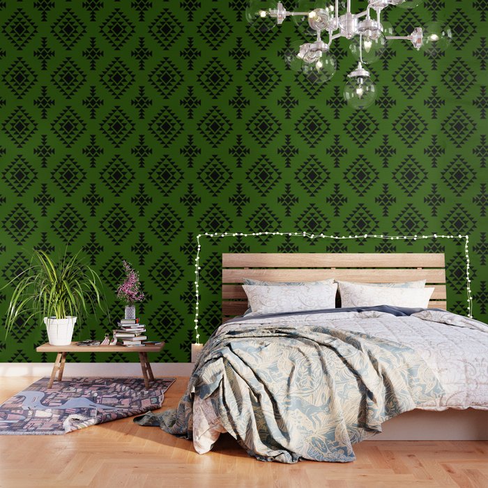 Green and Black Native American Tribal Pattern Wallpaper