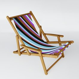 [ Thumbnail: Eyecatching Light Cyan, Dark Orchid, Brown, Black & Sky Blue Colored Stripes/Lines Pattern Sling Chair ]