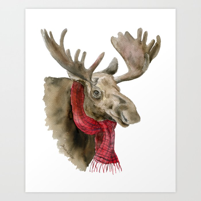 Moose In A Red Scarf Watercolor Art Print By Susan Windsor Society6