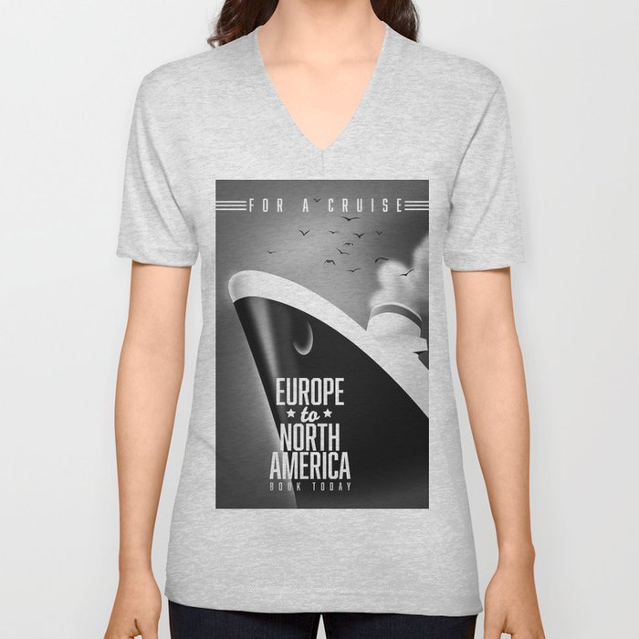Europe to North America Cruise liner commercial Black & White. V Neck T Shirt
