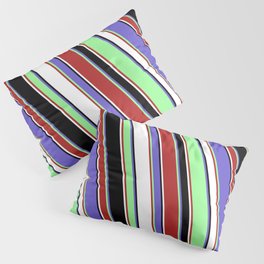 [ Thumbnail: Vibrant Green, Red, White, Black & Slate Blue Colored Lined Pattern Pillow Sham ]