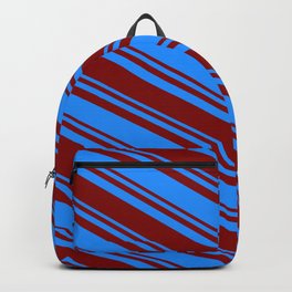 [ Thumbnail: Blue and Maroon Colored Pattern of Stripes Backpack ]