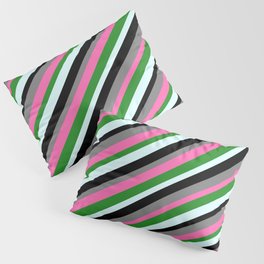 [ Thumbnail: Vibrant Grey, Hot Pink, Forest Green, Light Cyan, and Black Colored Stripes Pattern Pillow Sham ]