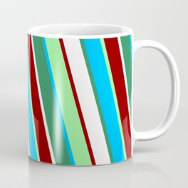 [ Thumbnail: Vibrant Green, Deep Sky Blue, Sea Green, White & Dark Red Colored Lines Pattern Coffee Mug ]