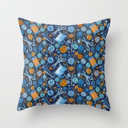 Home Hobby Sewing Buttons Scissors Paper Collage Pattern Blue Yellow Throw Pillow
