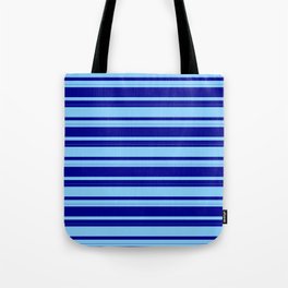 [ Thumbnail: Dark Blue and Light Sky Blue Colored Stripes Pattern Tote Bag ]