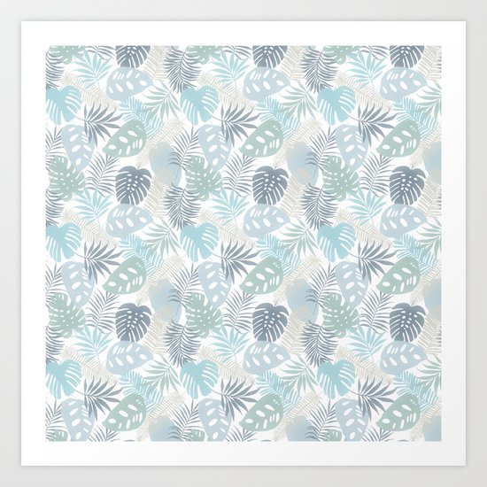 Tropical Leaves Pattern Blue Art Print