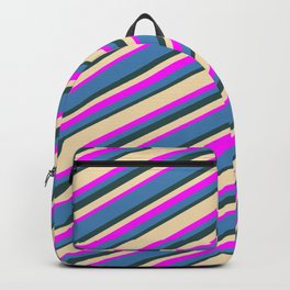[ Thumbnail: Tan, Fuchsia, Blue, and Dark Slate Gray Colored Stripes Pattern Backpack ]
