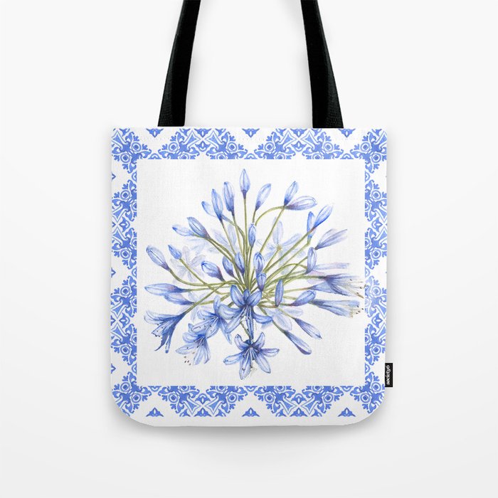 Agapanthus Bloom on Blue Geometrics Tote Bag
