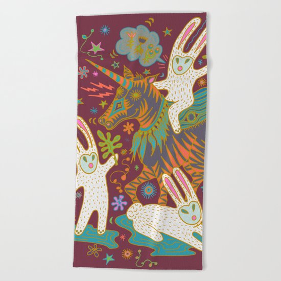Three Rabbits and a Unicorn Beach Towel