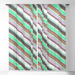 [ Thumbnail: Colorful Green, Plum, Black, Brown & White Colored Stripes/Lines Pattern Sheer Curtain ]