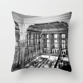 A Book Lover's Dream - Cast-iron Book Alcoves Cincinnati Library black and white photography Throw Pillow