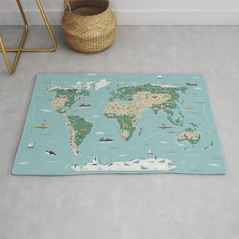 Illustrated World Map with animals, continents and architecture Area & Throw Rug