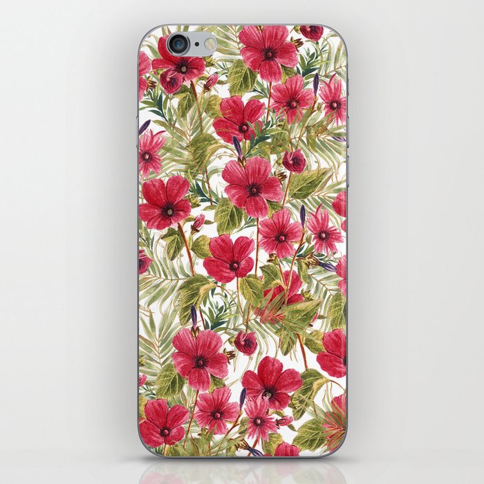Botanical tropical red pink green gold floral iPhone Skin