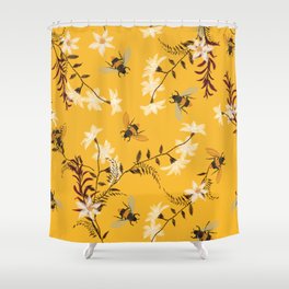 Stylish embroidery Bee, butterfly, and flowers. Vintage decorative element on vintage yellow background.  Shower Curtain