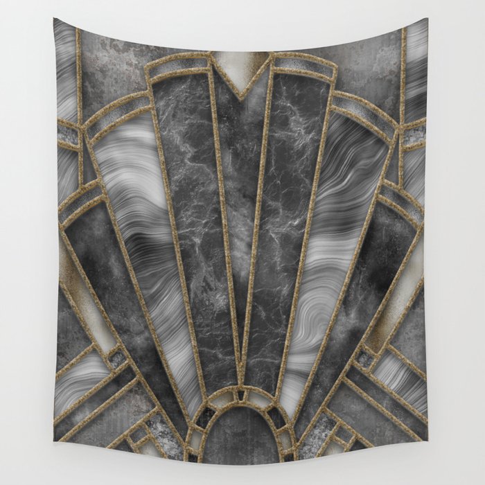 Elegant Grey Stained Glass Art Deco Window With Marble And Gemstone Wall Tapestry