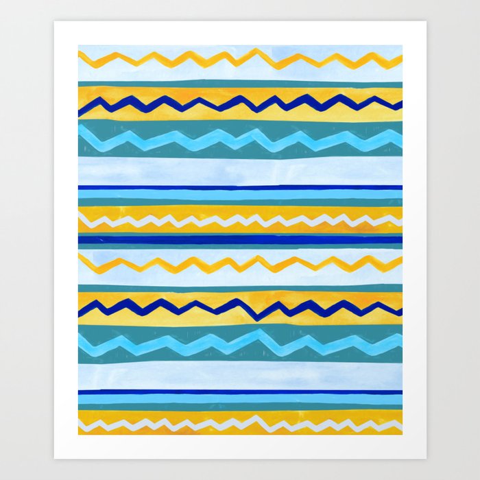 Gouache Stripe & Ricrac Pattern - Blue & Yellow Art Print