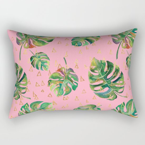 Monstera Gold // Monstera Pattern, Gold Foil Pattern, Lifestyle Digital Collage Pink Rectangular Pillow