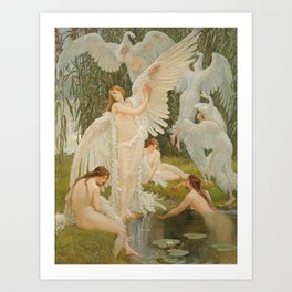 White Swans and the Maidens angelic garden landscape painting by Walter Crane  Art Print