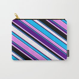 [ Thumbnail: Eyecatching Deep Sky Blue, Indigo, White, Violet & Black Colored Stripes/Lines Pattern Carry-All Pouch ]