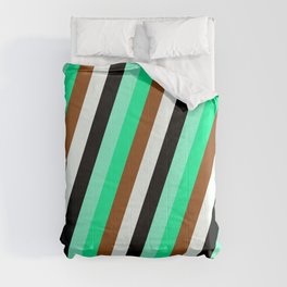 [ Thumbnail: Colorful Aquamarine, Green, Brown, Mint Cream & Black Colored Striped Pattern Comforter ]