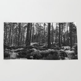 Scottish Highlands Summer Forest Landscape in Black and White Beach Towel