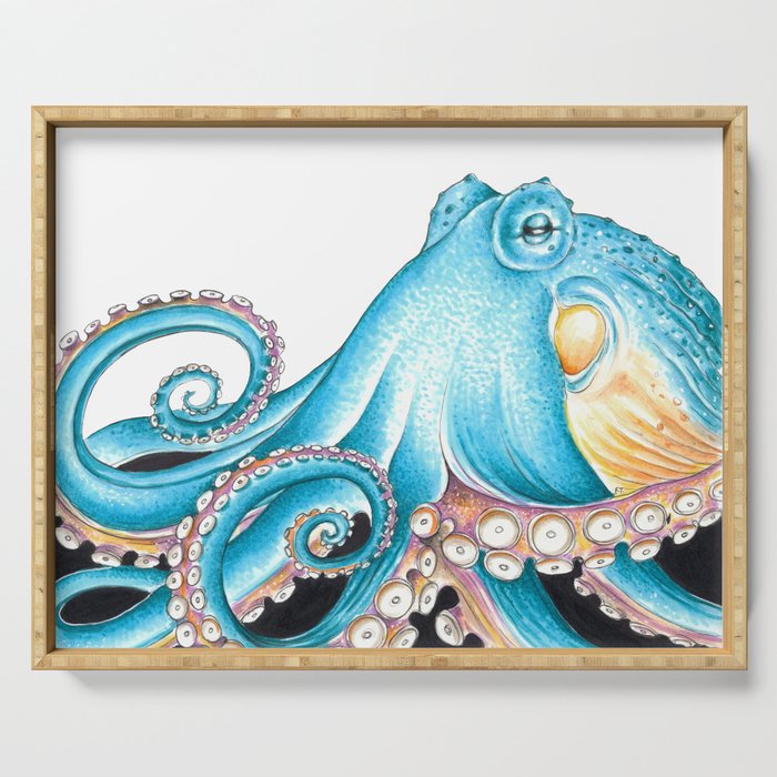 Blue Octopus Tentacles on White Nautical Marine Ink Art Serving Tray