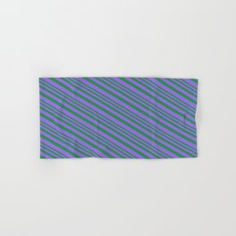 [ Thumbnail: Sea Green and Purple Colored Lined Pattern Hand & Bath Towel ]