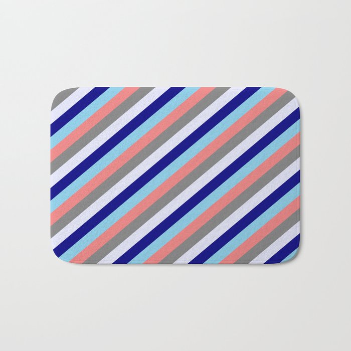 Eyecatching Sky Blue, Light Coral, Grey, Lavender & Blue Colored Striped Pattern Bath Mat