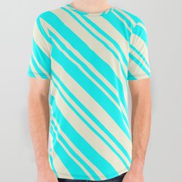 [ Thumbnail: Beige & Cyan Colored Pattern of Stripes All Over Graphic Tee ]