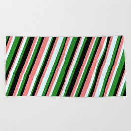 [ Thumbnail: Forest Green, Black, Light Coral & Light Cyan Colored Stripes/Lines Pattern Beach Towel ]