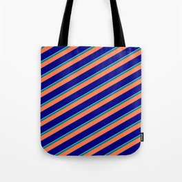 [ Thumbnail: Light Sky Blue, Teal, Coral, and Blue Colored Stripes Pattern Tote Bag ]