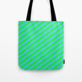 [ Thumbnail: Lime & Turquoise Colored Lines/Stripes Pattern Tote Bag ]