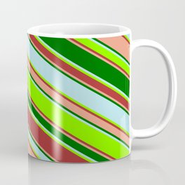 [ Thumbnail: Vibrant Powder Blue, Chartreuse, Brown, Dark Salmon & Dark Green Colored Lined/Striped Pattern Coffee Mug ]