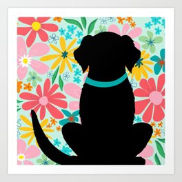 Back of dog silhouette on floral Art Print