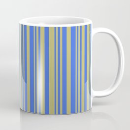 [ Thumbnail: Dark Khaki & Royal Blue Colored Striped Pattern Coffee Mug ]