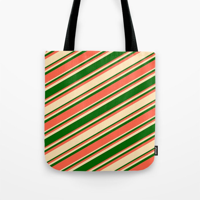 Beige, Dark Green & Red Colored Lined Pattern Tote Bag