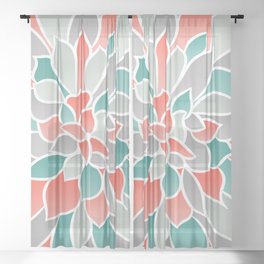 Modern Floral Prints, Coral, Teal Green and Gray Sheer Curtain