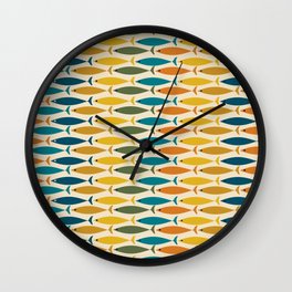 Mid-Century Modern Fish Stripes in Moroccan Teal, Green, Orange, Mustard, and Cream Wall Clock
