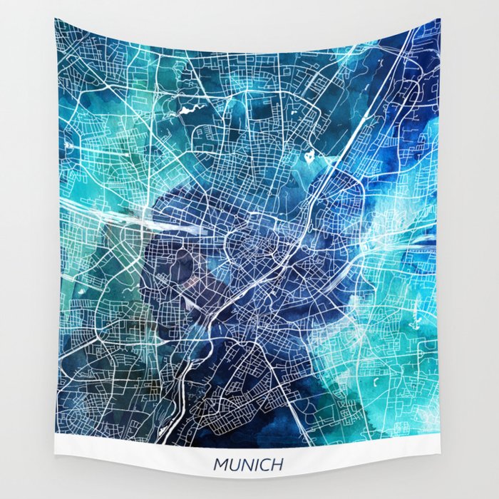 Munich Street Map Navy Blue Turquoise Watercolor Germany Europe Map Wall Tapestry