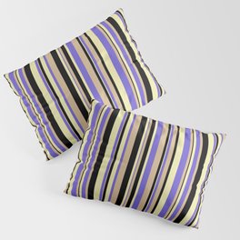 [ Thumbnail: Slate Blue, Pale Goldenrod, Black & Tan Colored Striped/Lined Pattern Pillow Sham ]
