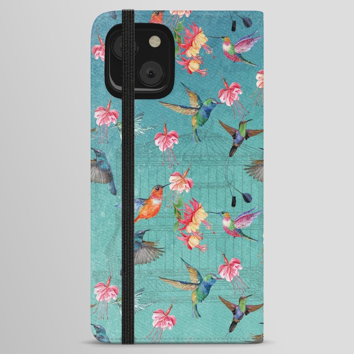 Vintage Watercolor hummingbirds and fuchsia flowers iPhone Wallet Case